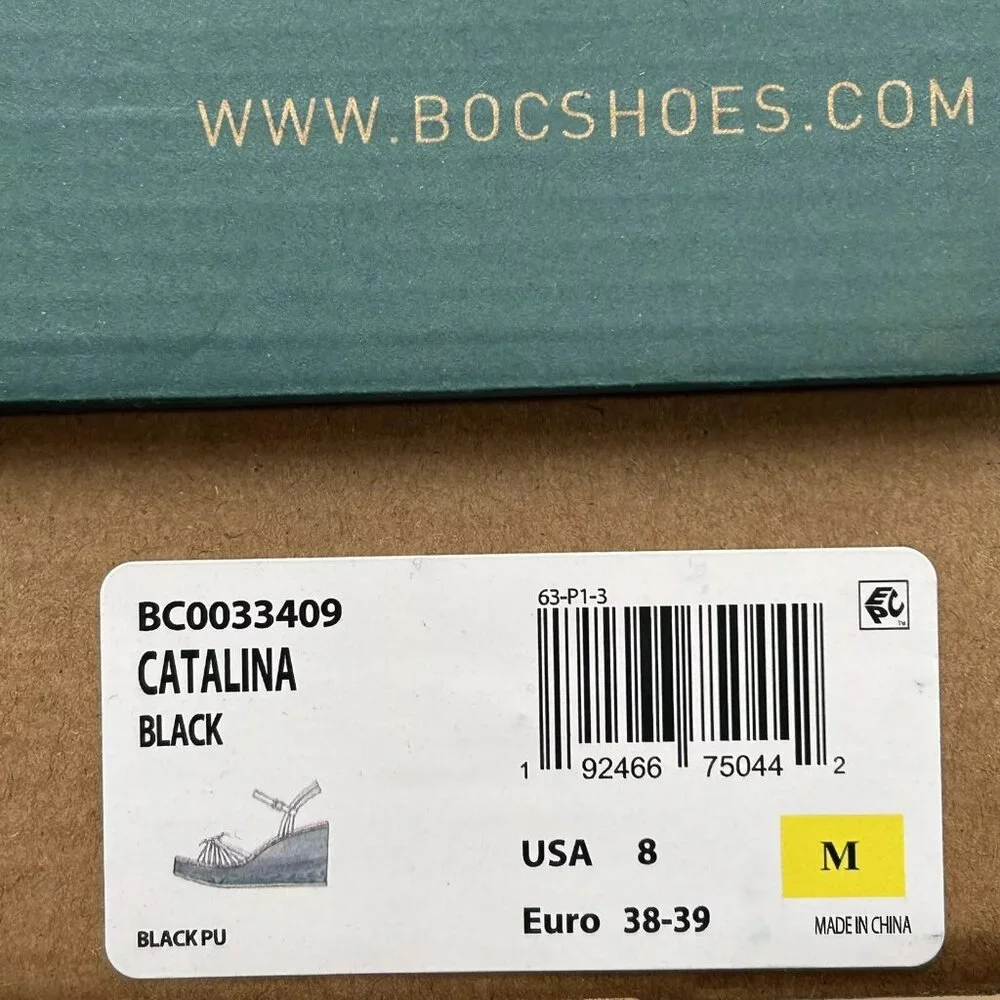 BOC Catalina Women's Platform Wedge‎ Sandal Size 8 Black/Tan Glossy Straps Twist